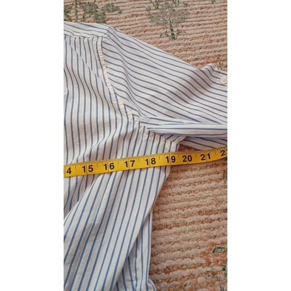 Calvin Klein Blue White Striped Tunic Button Down Blouse Roll Tab Sz L Tie Front - Picture 8 of 10